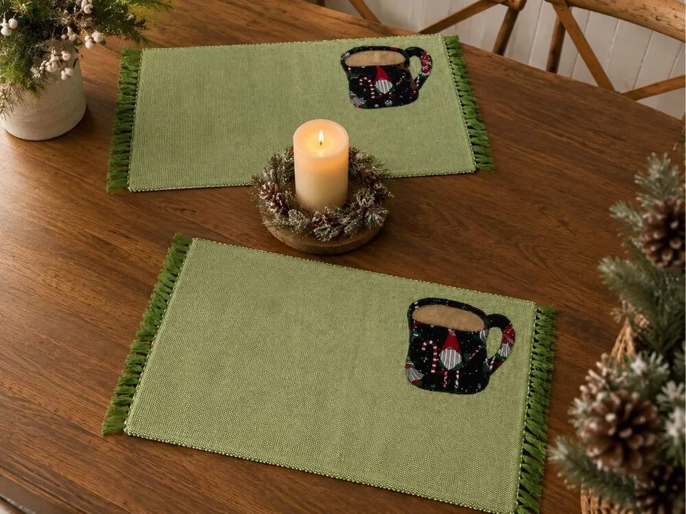 Rare Tommy Bahama Christmas Gnome Mug Placemats Set of 2 Green Fringe Table Mats